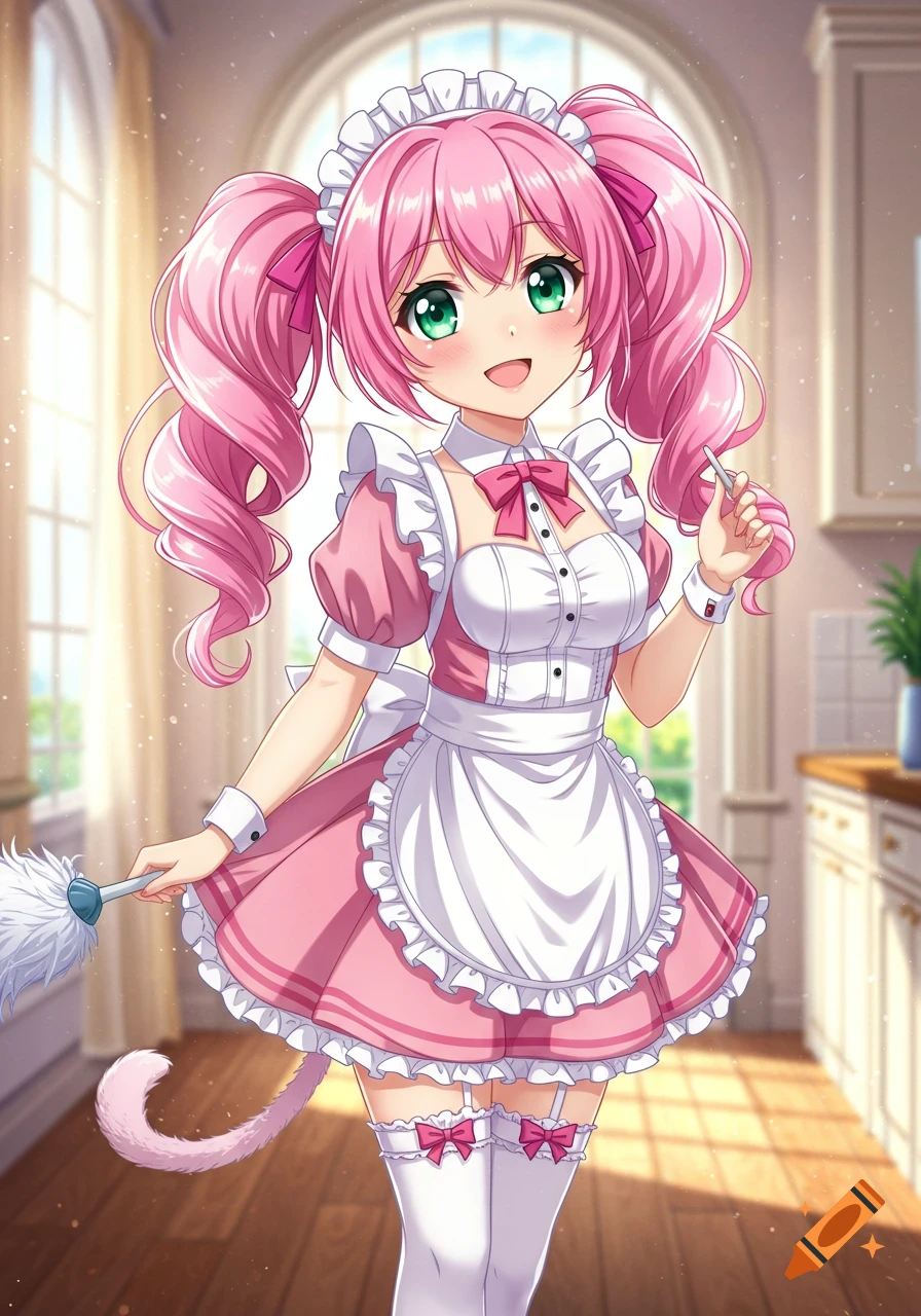 A cute anime girl with long pink pigtails, green eyes, and a cat tail, dressed in a pink and white maid outfit, smiling while holding a feather duster in a sunny room.