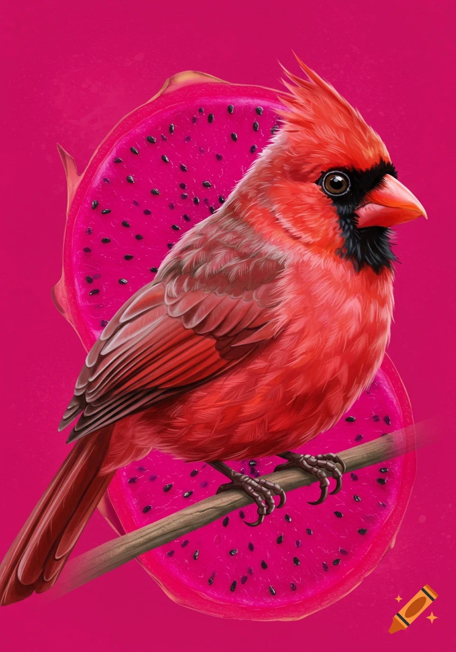 A vibrant red cardinal bird with black accents perched on a branch, set against a bright pink background with sliced dragon fruit.