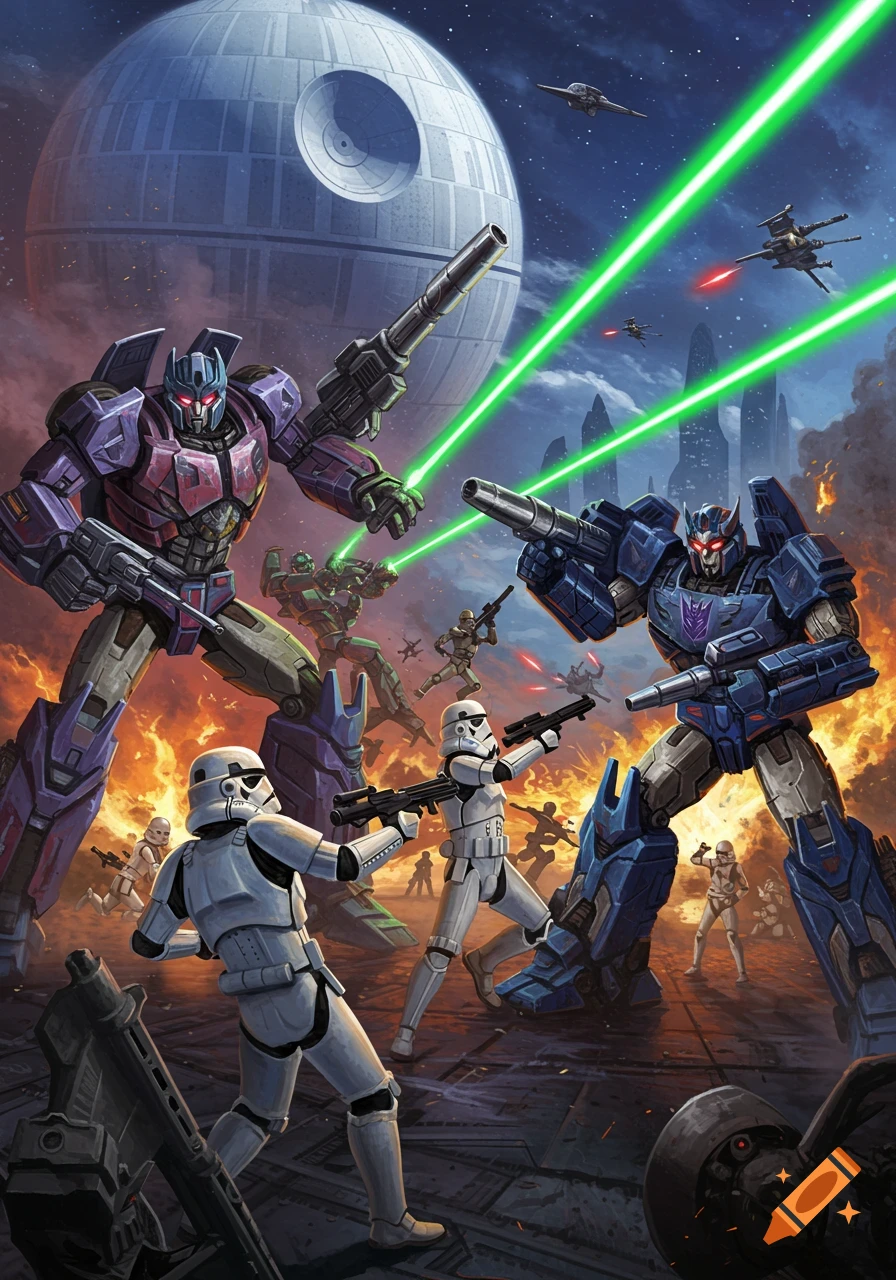 An epic battle illustration between giant Transformers Decepticons and Star Wars Imperial Stormtroopers with the Death Star looming in the background.