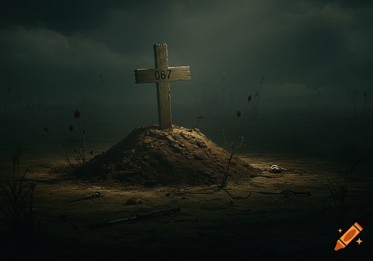A wooden cross marked '067' stands on a grave mound under a dark sky, with small red flowers nearby.