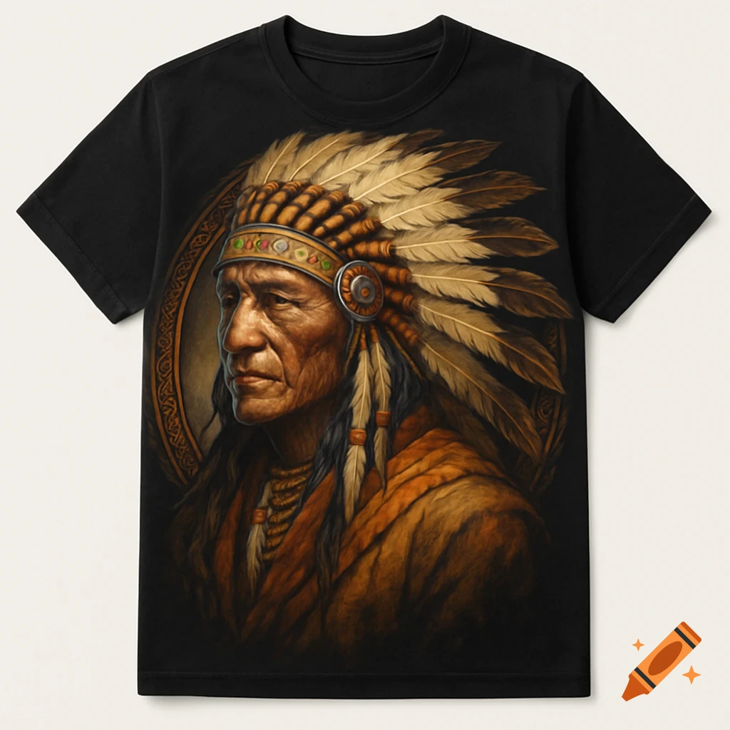 Black t-shirt with a detailed portrait of an elderly Native American man wearing an ornate feather headdress.
