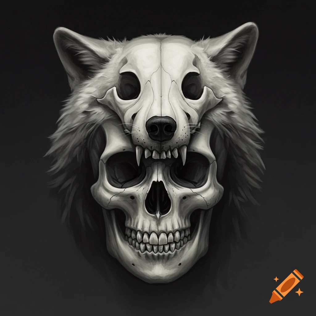 A grayscale illustration of a human skull wearing a wolf skull on its head, against a dark background.
