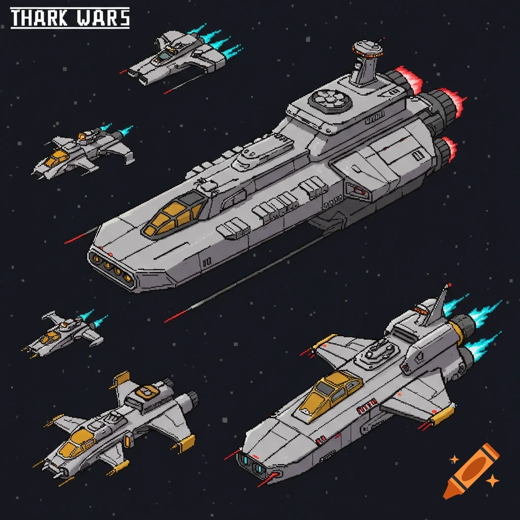 Pixel art illustration of multiple grey spaceships of various sizes flying in dark space, with 'THARK WARS' title.
