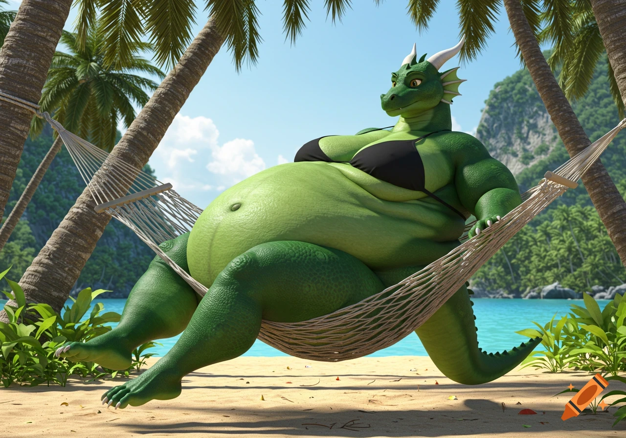 A large green female dragon with a plump belly wearing a black bikini casually lays in a hammock on a tropical beach.