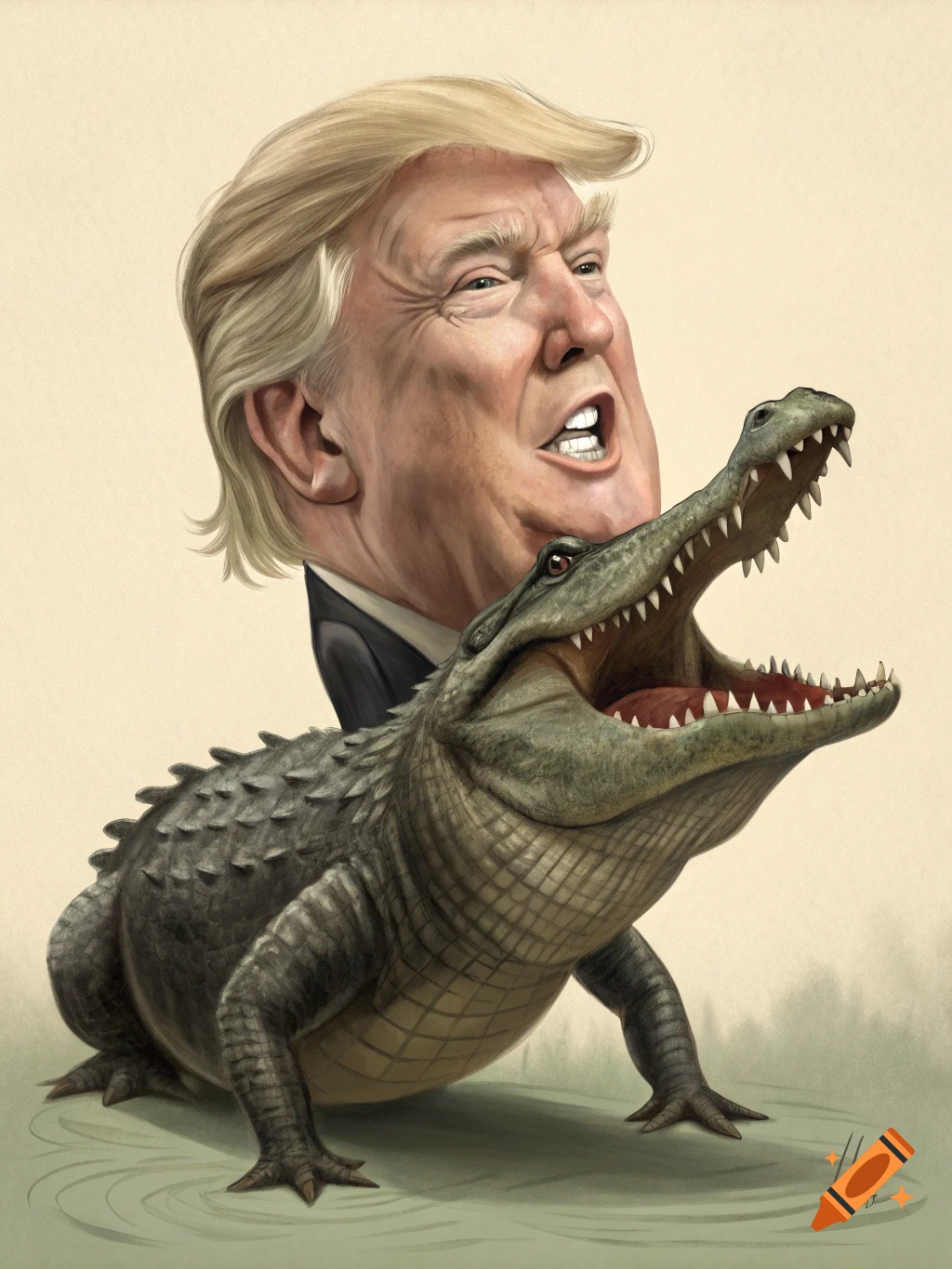 A detailed digital painting caricature of Donald Trump's head on an alligator's body with its mouth open.