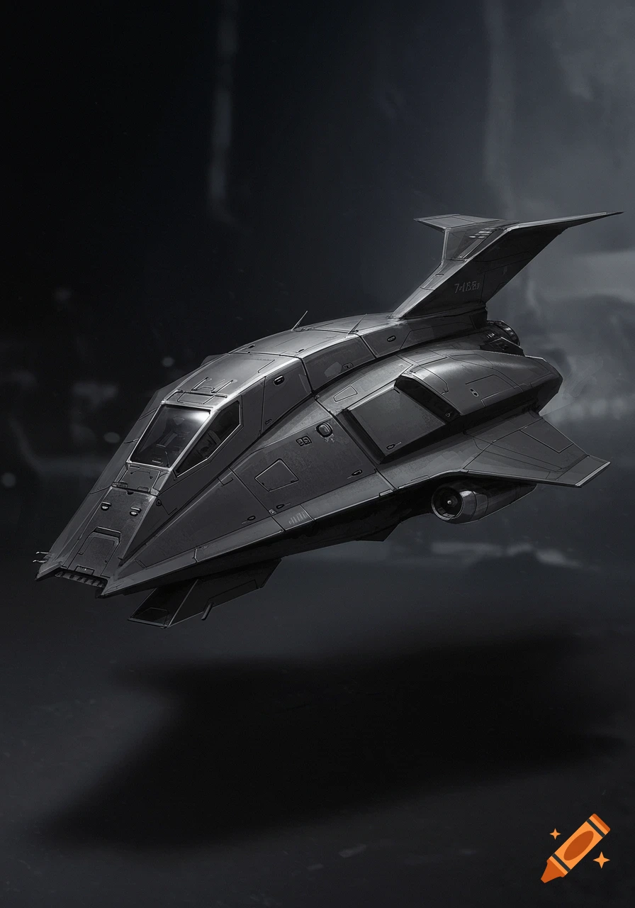 A dark grey futuristic dropship aircraft with a stealthy design, hovering against a dark background.