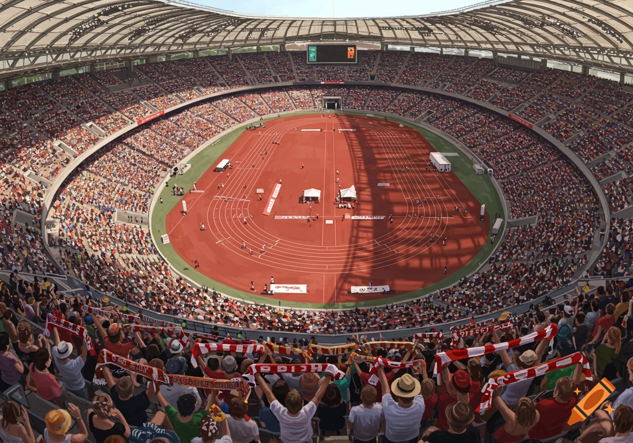 A high angle, wide view of a large, oval-shaped stadium with a red track and green field, surrounded by stands filled with spectators under a curved roof. People are on the track.