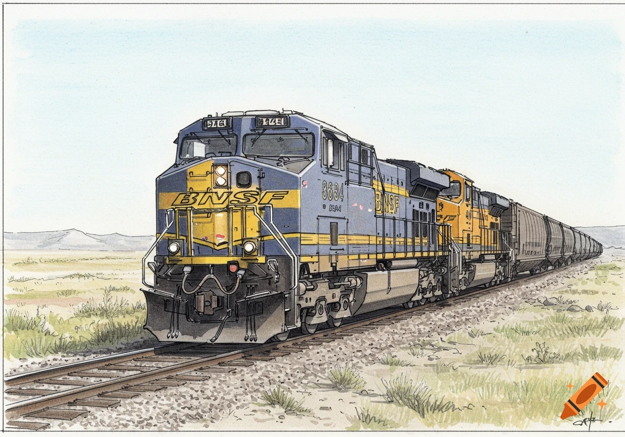 A detailed pencil and watercolor illustration of a blue and yellow BNSF freight train on tracks in a dry, grassy landscape.