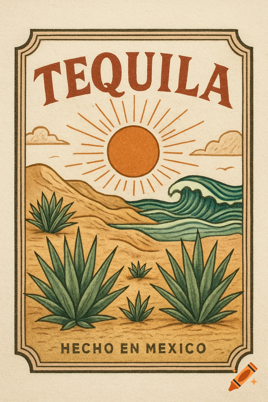 Vintage illustration of a tequila label with agave plants, desert, waves, and a sun.