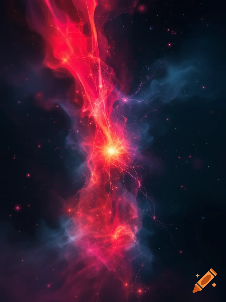 A vibrant red, pink, and blue nebula with glowing light and intricate tendrils against a dark starry background.