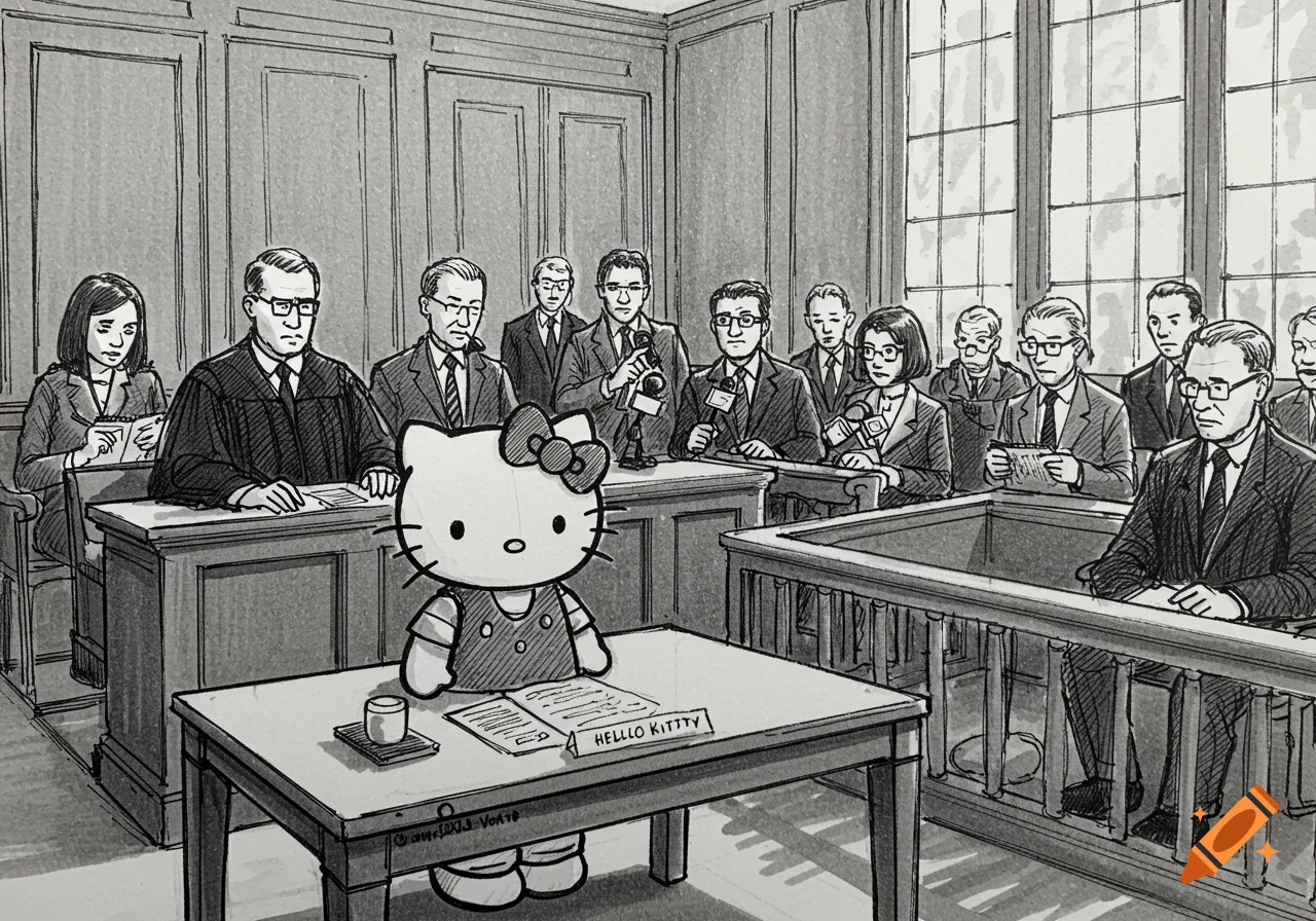 Black and white courtroom sketch of Hello Kitty on trial, with a judge and spectators in the background.