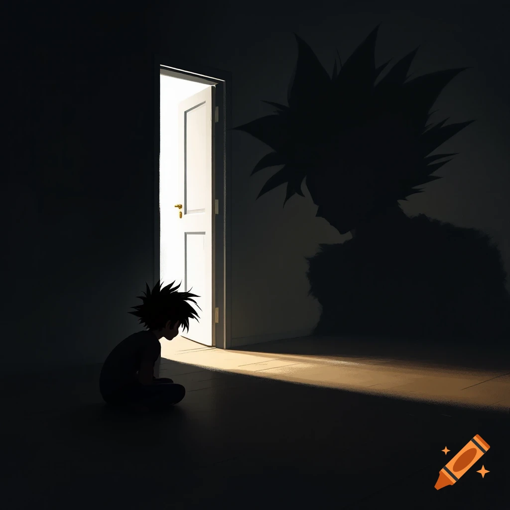 A silhouetted child sits on the floor in a dark room, illuminated by light from an open door, casting a large spiky-haired shadow on the wall.
