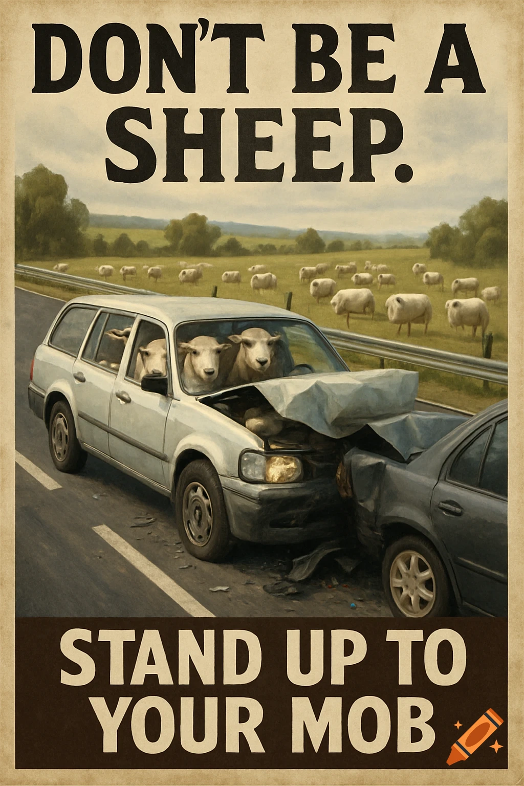 A stylized poster depicts a car crash on a highway with sheep inside the crashed car and a field of sheep nearby. Text reads 'DON'T BE A SHEEP. STAND UP TO YOUR MOB.'