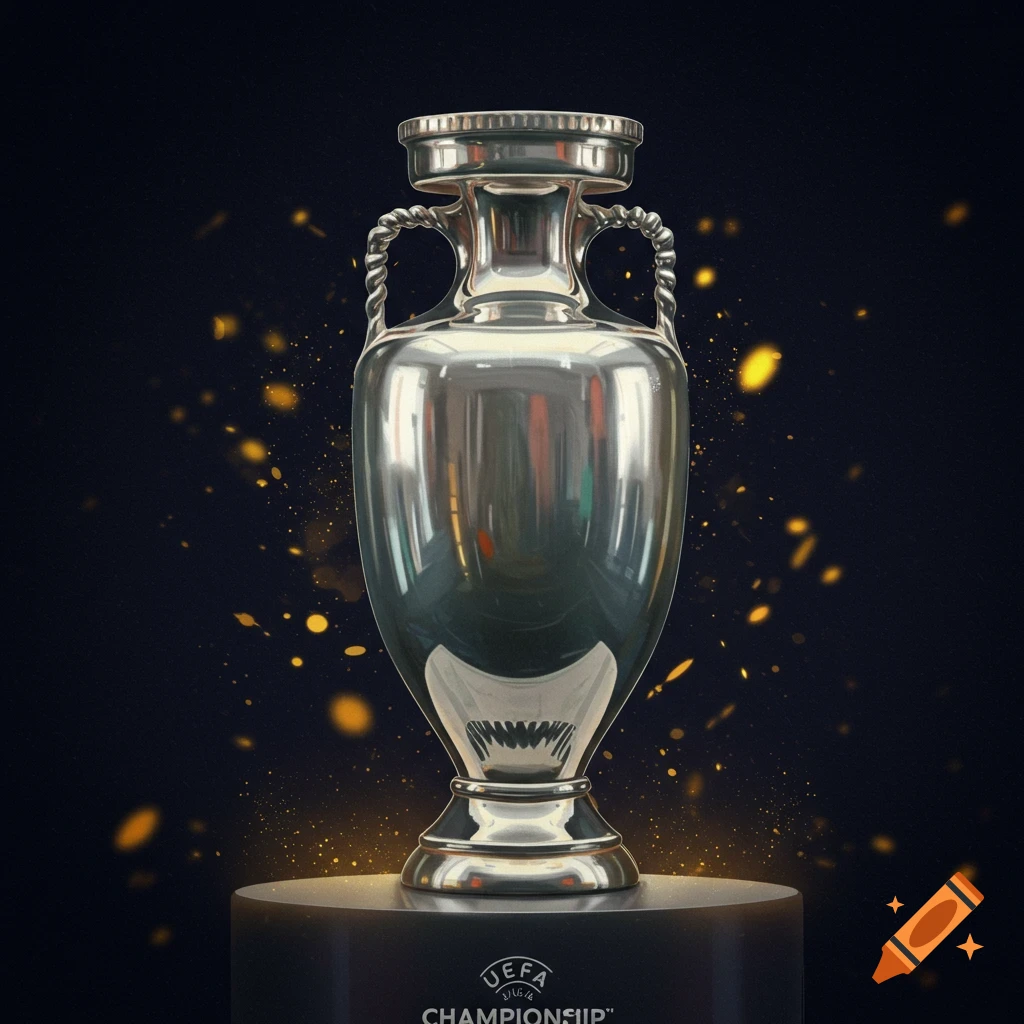 A shiny silver championship trophy with handles sits on a dark pedestal featuring a UEFA logo, illuminated by golden sparkles on a dark background.