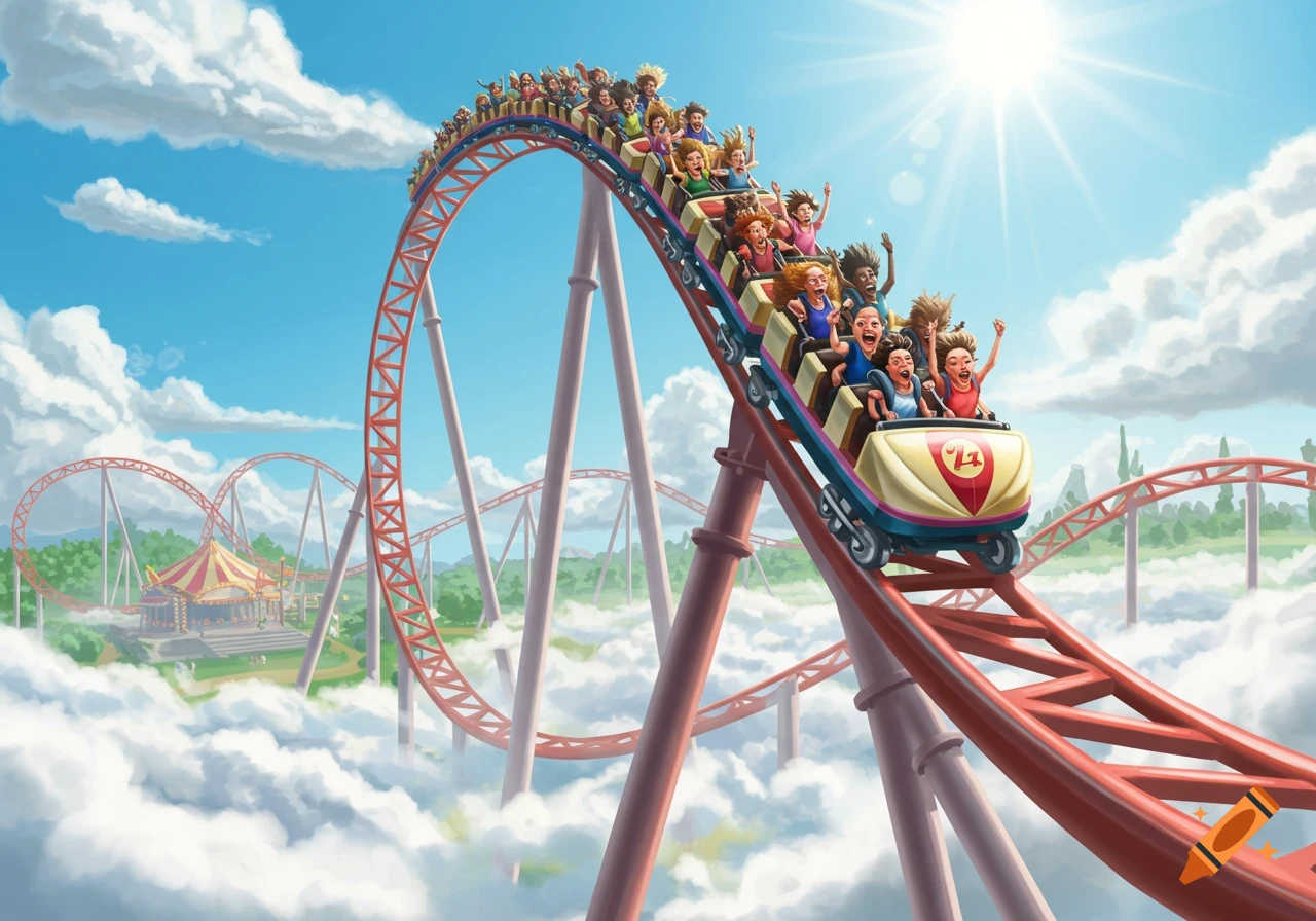 A vibrant illustration of people on a red rollercoaster plunging down a steep drop, high in the sky amidst clouds, with an amusement park below.
