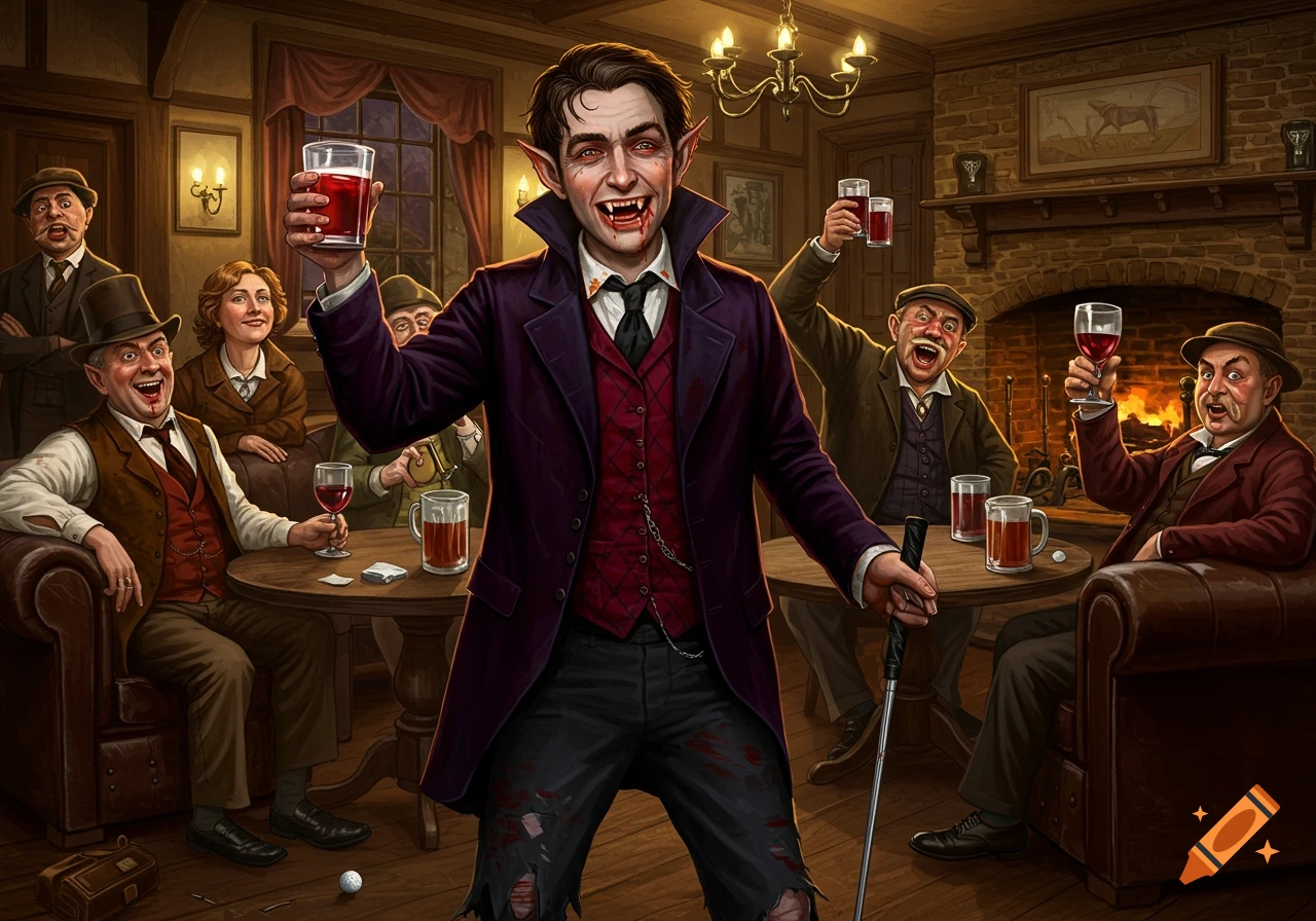 A stylized illustration of a vampire with bloody mouth and shirt, raising a glass in an old pub, surrounded by cheering patrons.