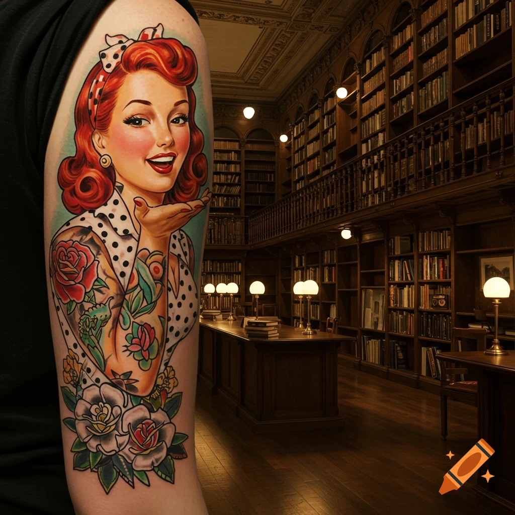 A colorful pin-up girl tattoo with red hair and flowers on a person's arm, set against a blurred library background.