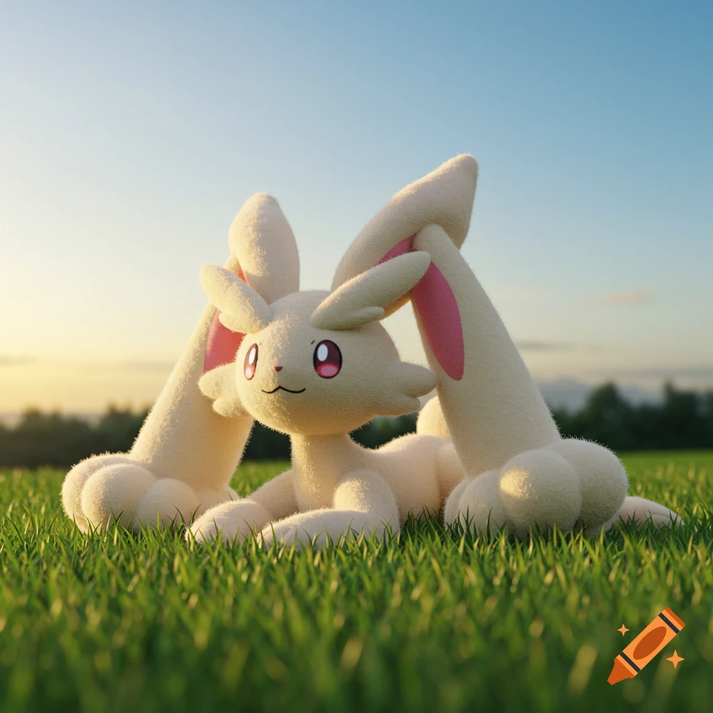 A photorealistic Lopunny, a white plush-like rabbit creature with pink inner ears, lies on green grass under a clear blue sky.