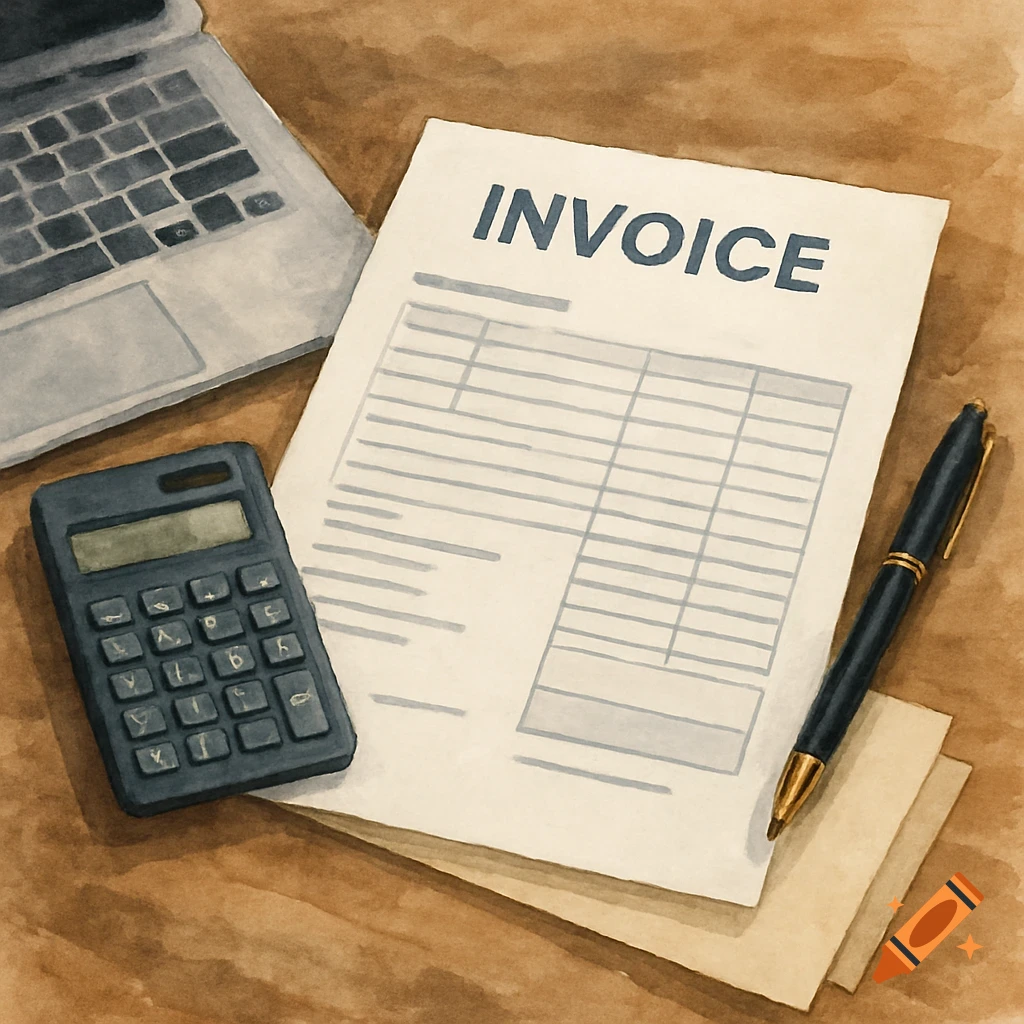 A watercolor illustration of an invoice document with the word "INVOICE", a calculator, a laptop, and a pen on a wooden desk.