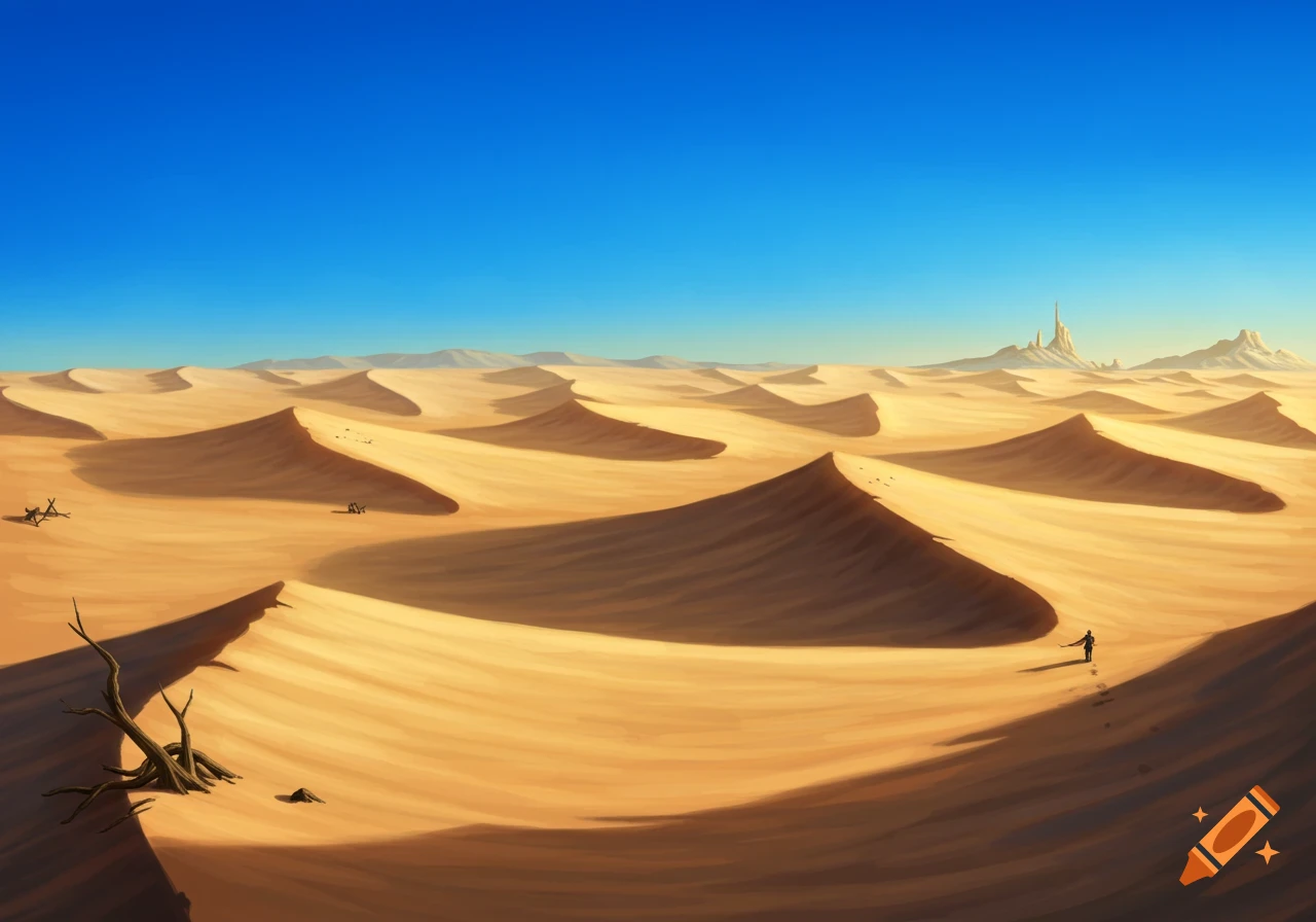 Vast desert landscape with rolling sand dunes under a clear blue sky, a ...