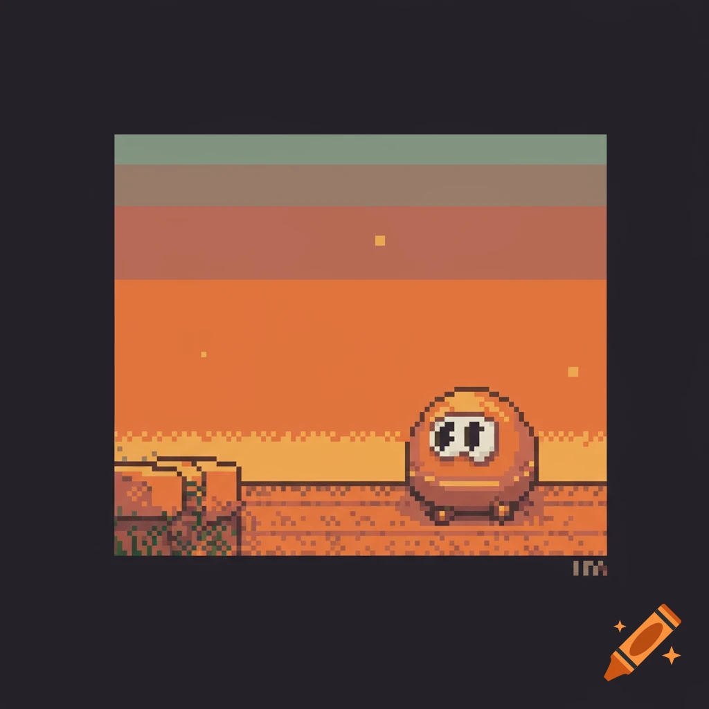 A pixel art image of a round, orange character with large eyes standing on pixelated ground against a banded sunset sky.
