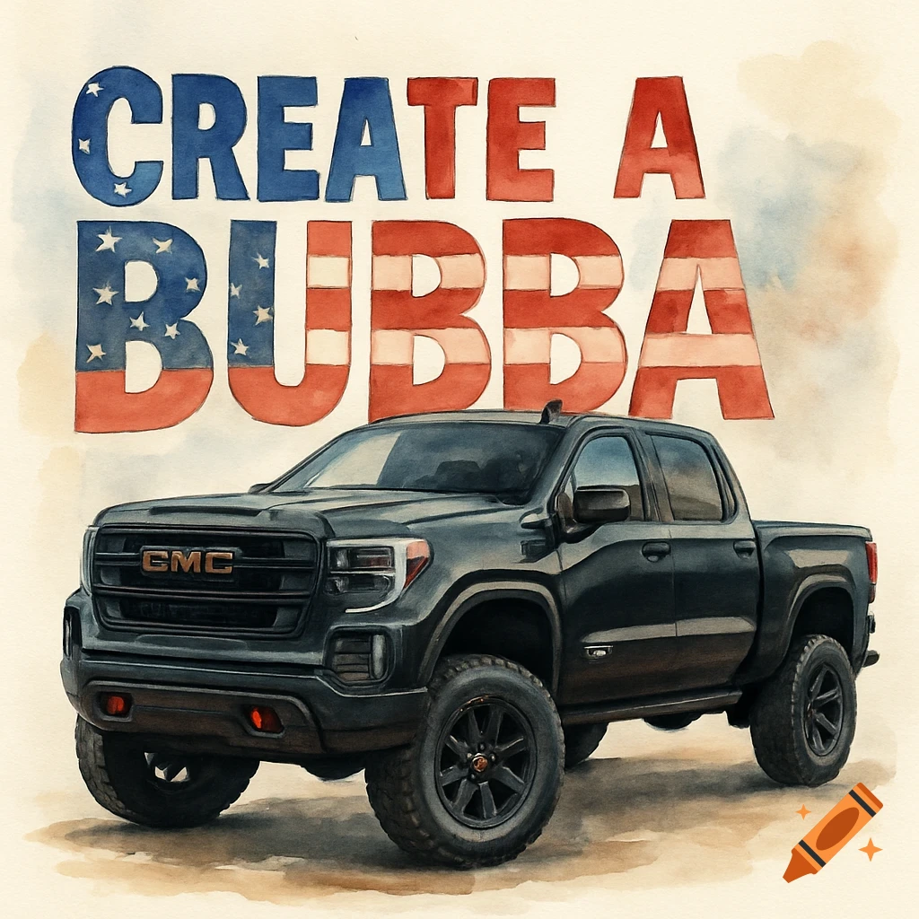 A black GMC pickup truck depicted in a watercolor painting style. Above it, 'CREATE A BUBBA' is written in an American flag-inspired font.