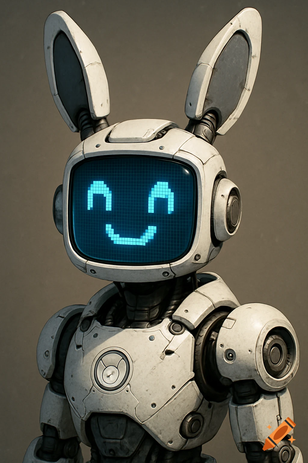A white robot with bunny ears and a blue pixelated smiley face on its screen head.