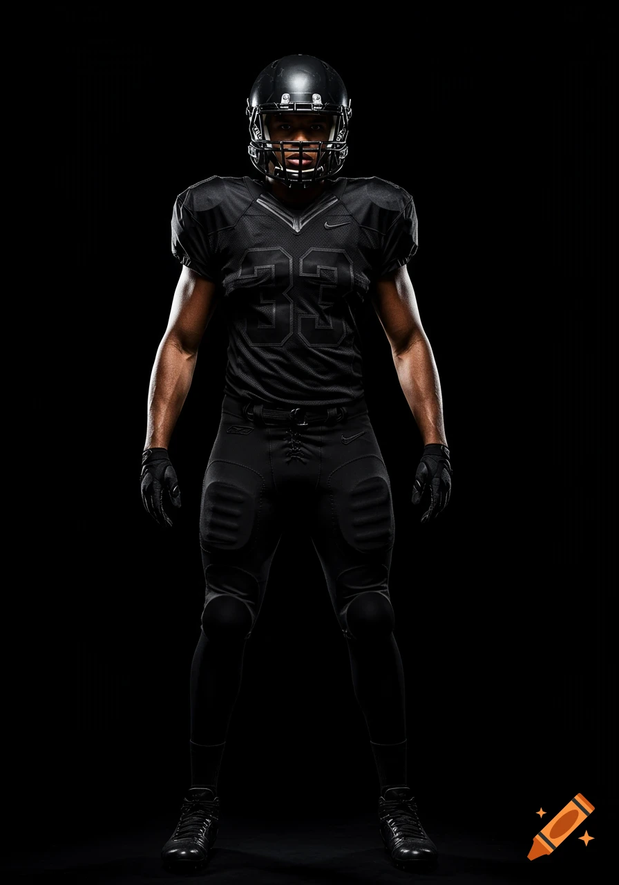 A photorealistic image of an American football player in an all-black uniform and helmet, standing upright against a pure black background.