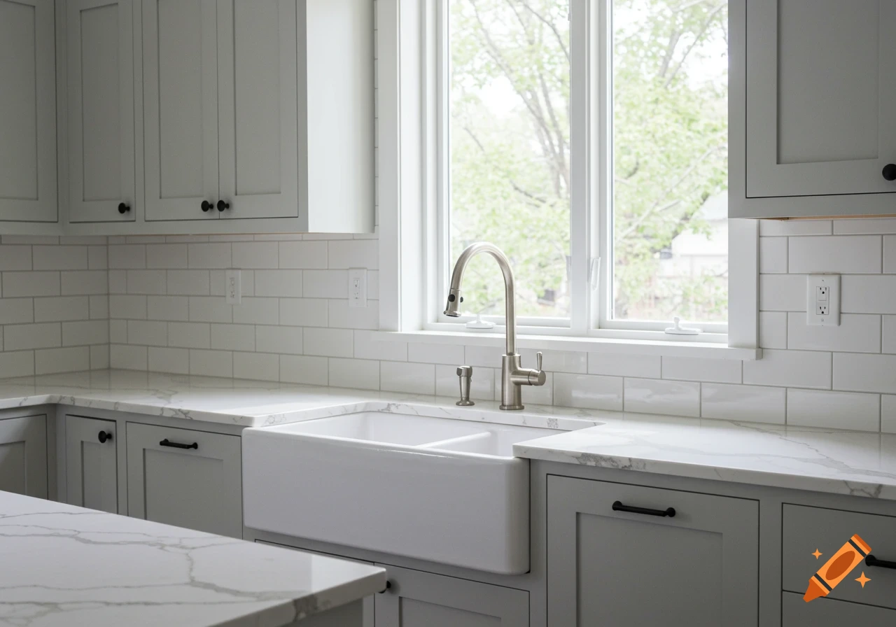Modern kitchen with white subway tile, farmhouse sink, light gray cabinets, black hardware, and quartz countertops.