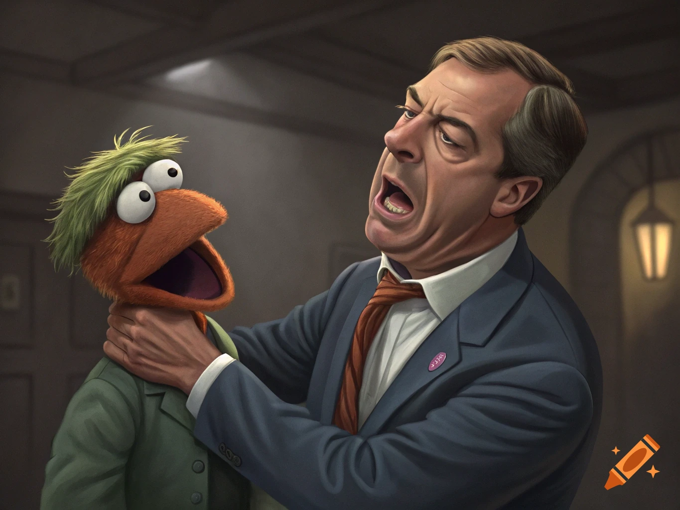 Caricature of Nigel Farage with an exaggerated expression, appearing to strangle a startled orange puppet with green hair.