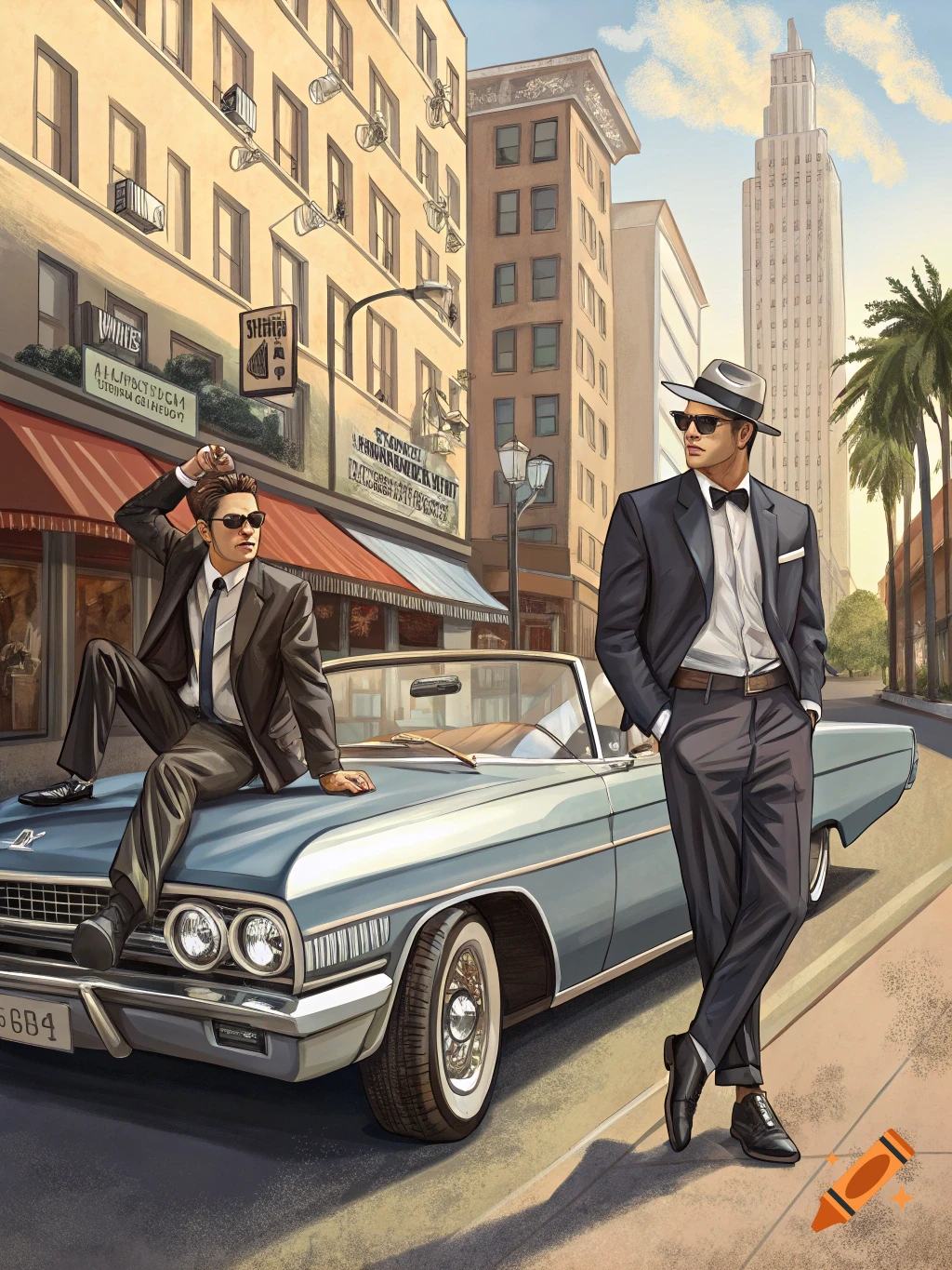 Two men in suits pose with a light blue vintage convertible on a city street, with buildings and palm trees in the background, in a painted style.