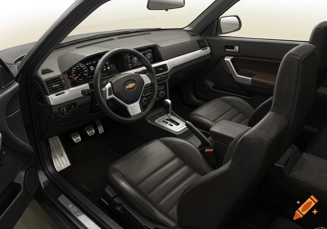 A detailed view of a minimalist car interior, featuring black leather seats, a dashboard with gauges and a screen, and a Chevrolet steering wheel.