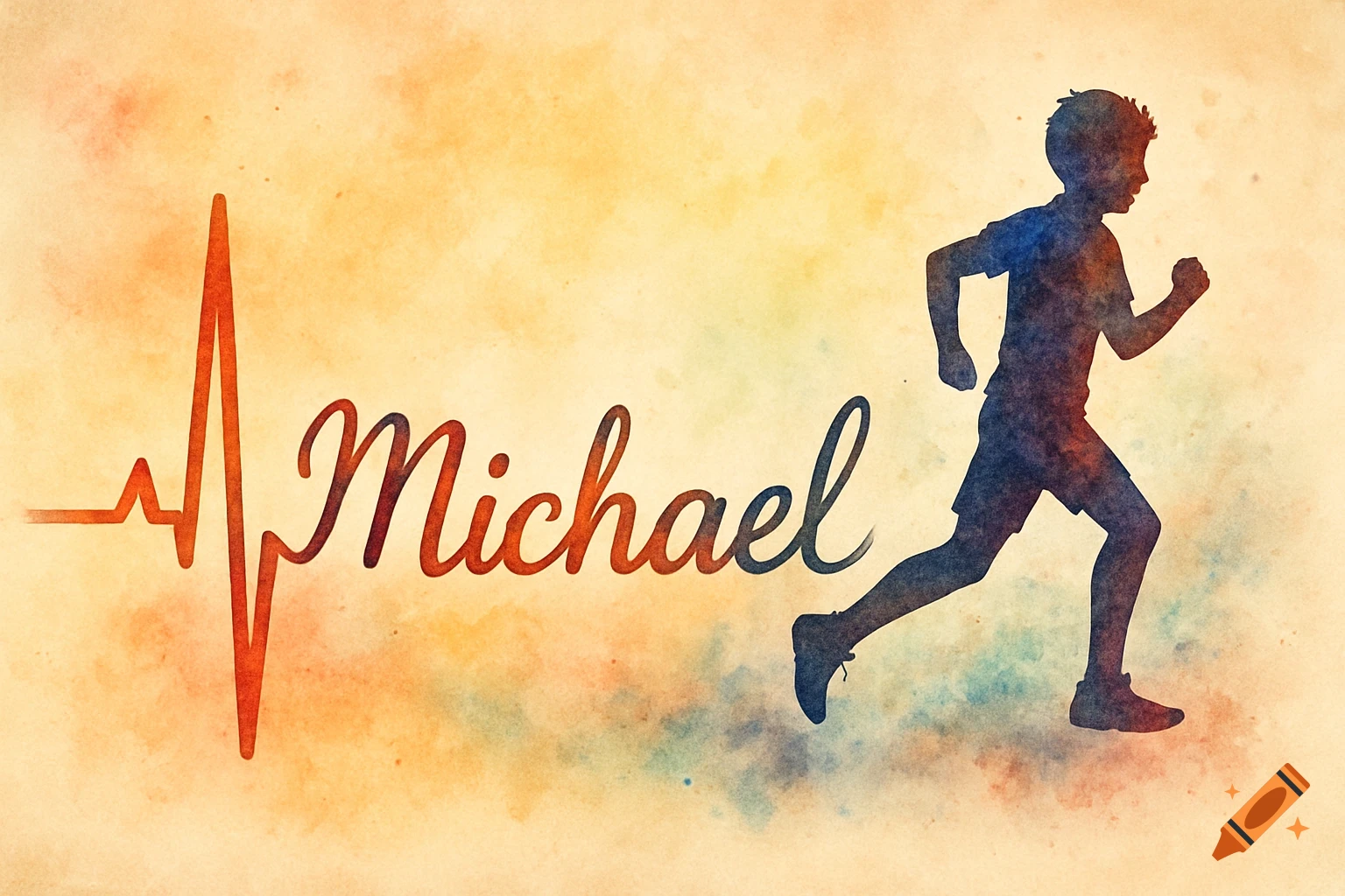 Watercolor illustration of a running boy silhouette with a heartbeat line and the name 'Michael' in script.