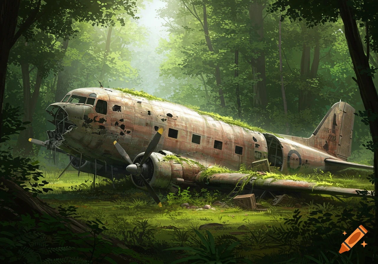 A semi-rusted, abandoned airplane overgrown with moss and vines rests deep within a lush green forest, sunlight filtering through the trees.