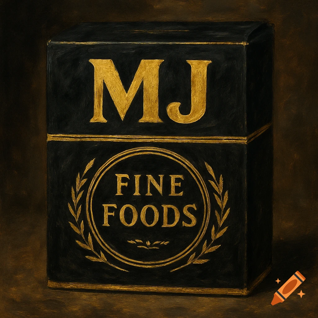 A black box with ornate gold lettering that reads 'MJ' and 'FINE FOODS', in a painterly style.