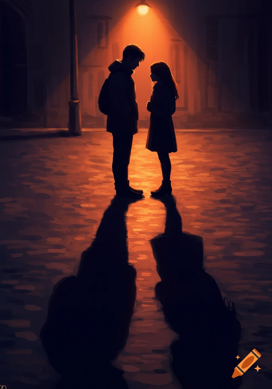 Two silhouetted figures stand facing each other under a glowing street lamp on a wet street at night, casting long shadows.