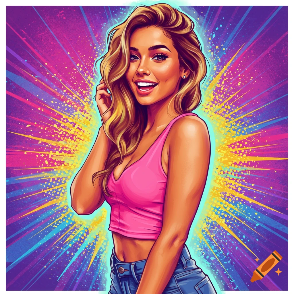 Vibrant pop art illustration of a smiling woman with blonde hair in a pink top against a colorful starburst background.