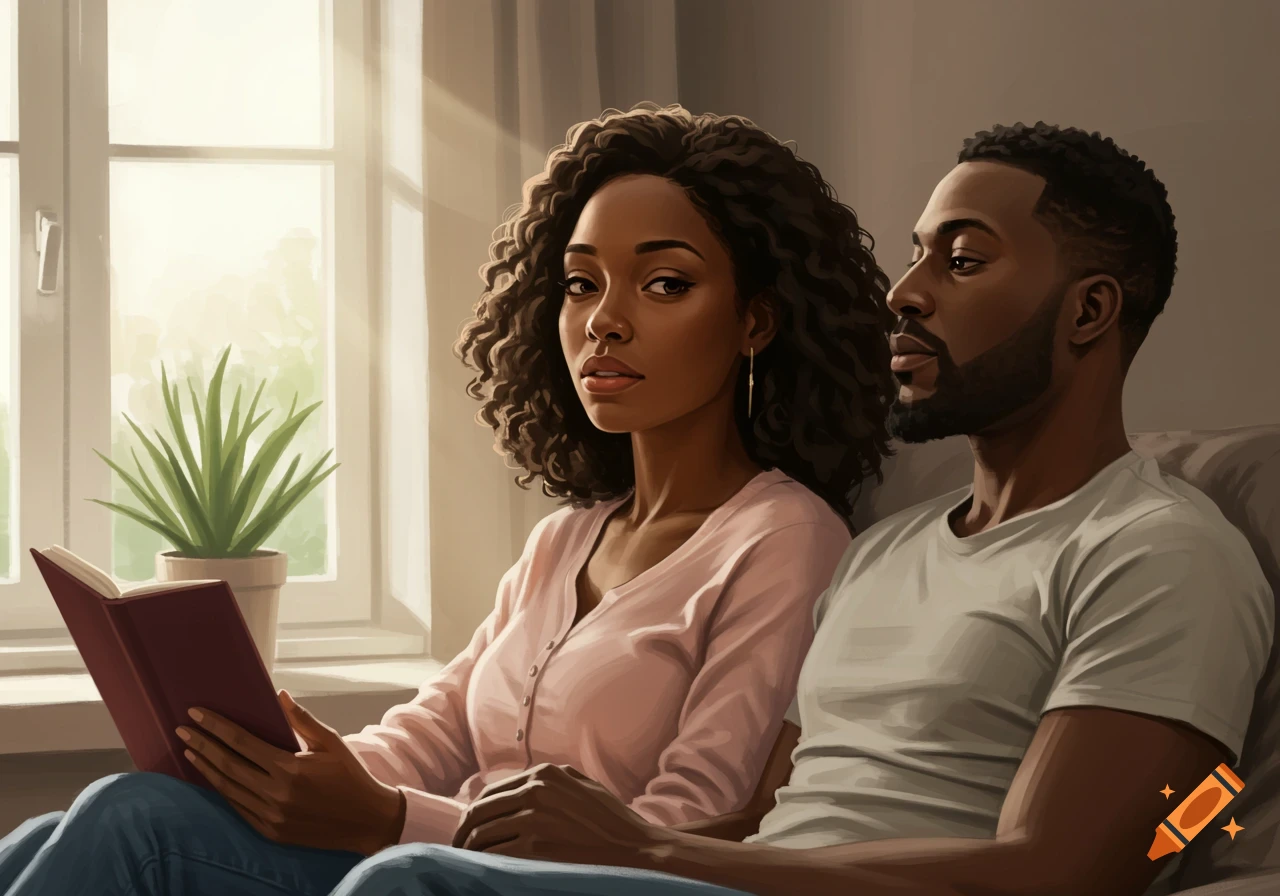 A Black couple sitting on a couch, the woman reads a book while the man looks ahead, in a cozy room.