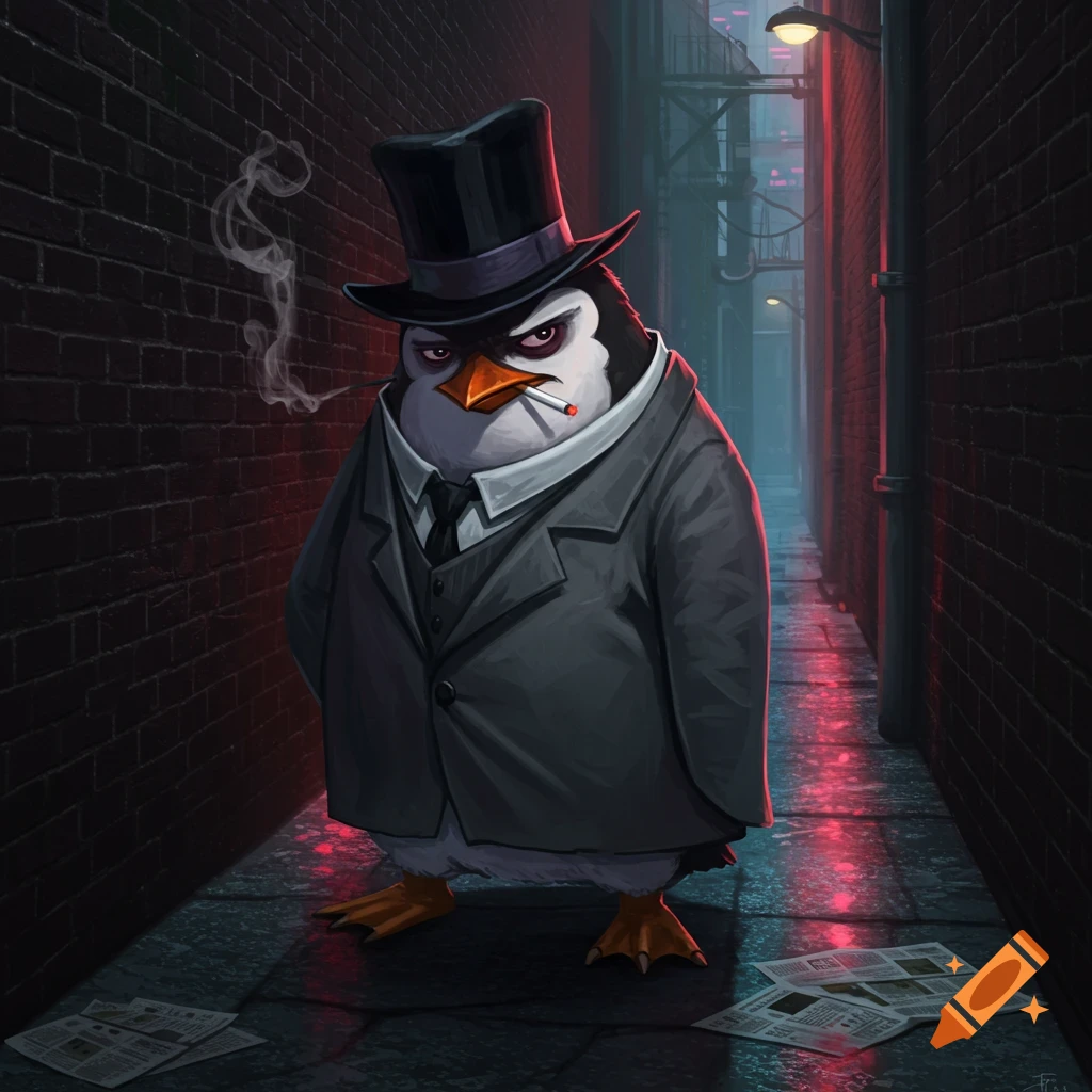 A stylized cartoon penguin dressed in a suit and top hat, smoking a cigarette in a dark, neon-lit alleyway.