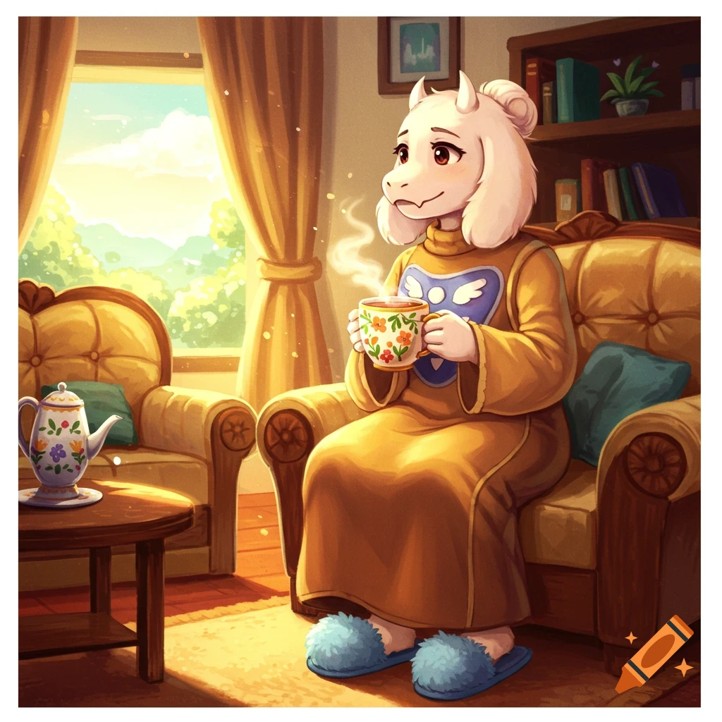 A cartoon Toriel, an anthropomorphic goat, sits in a cozy armchair in a living room, drinking tea.