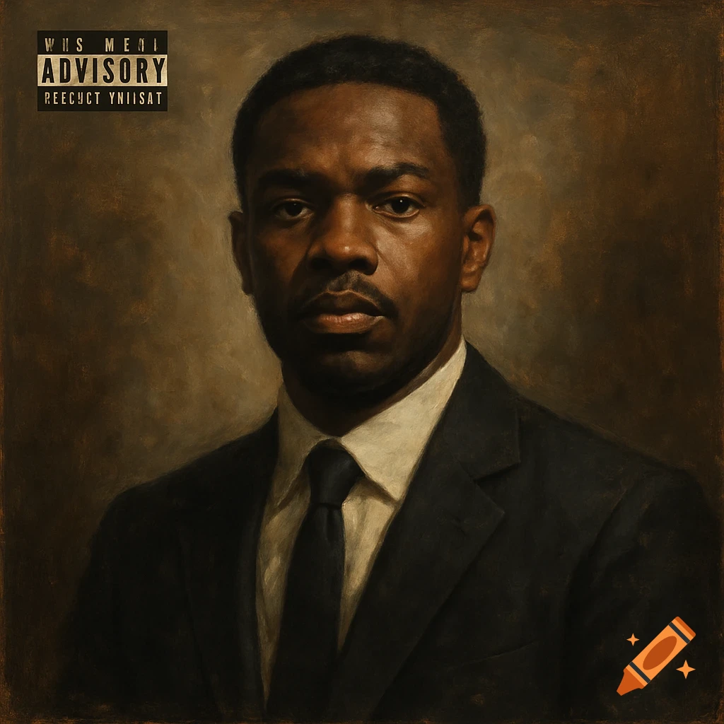 A dark, painterly portrait of a Black man in a suit and tie, looking directly forward, with text resembling an album cover in the top left corner.