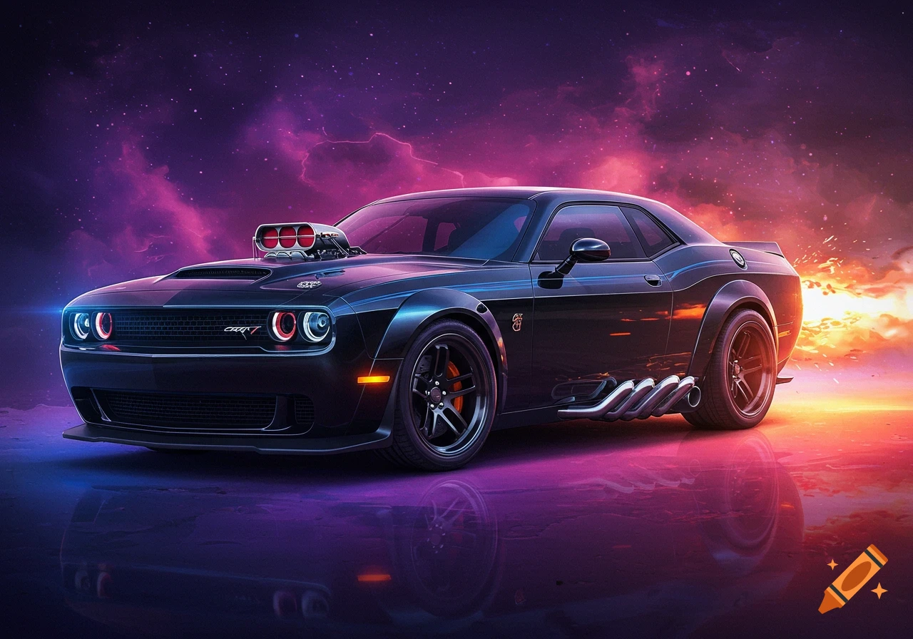 A black Dodge Challenger with glowing red headlights and side exhaust pipes, set against a vibrant purple and orange nebula sky with a reflective surface.