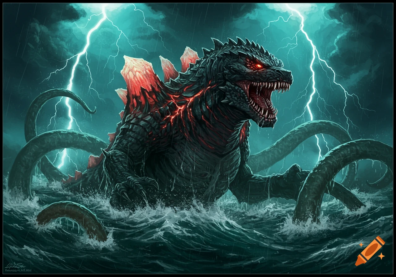 A fearsome Godzilla-Dagon monster with glowing red eyes emerges from a stormy, lightning-filled ocean amidst dark tentacles.