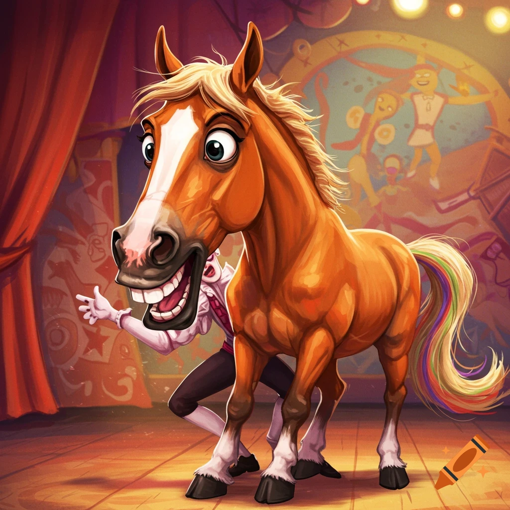 A cartoon pantomime horse with a wide grin on a circus stage, with a person visible inside its costume.