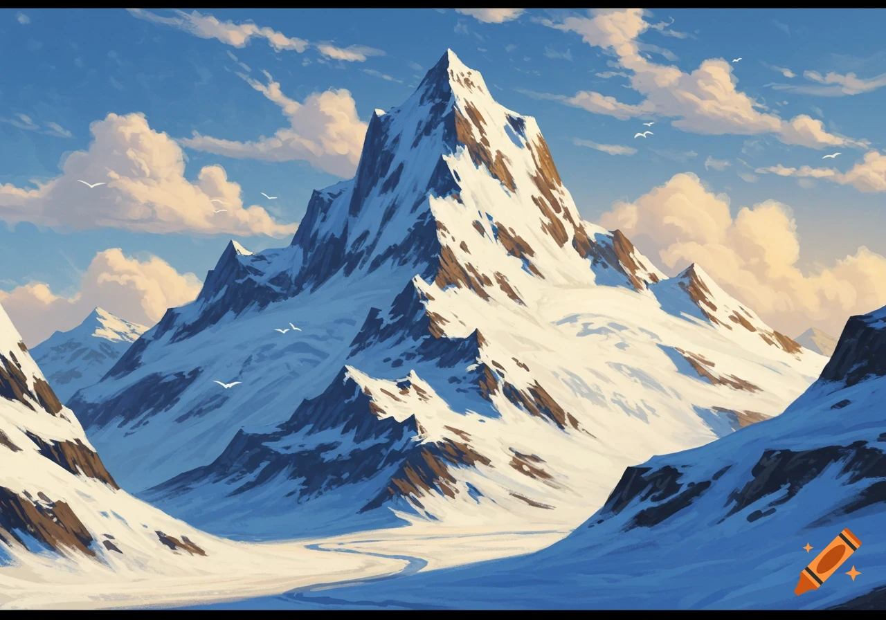 A majestic, detailed illustration of snow-covered mountains with a valley and a winding path under a bright blue sky with birds.