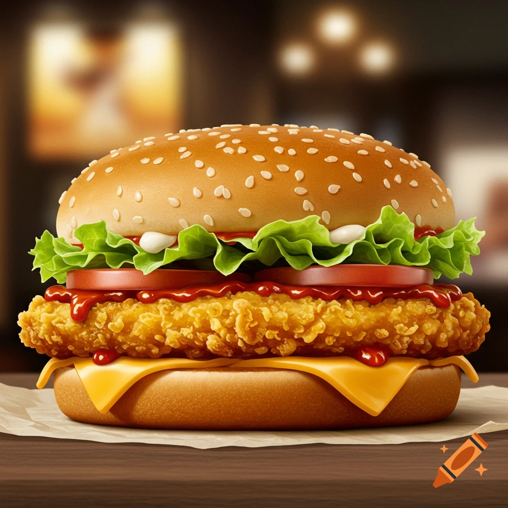 A photorealistic close-up of a fried chicken burger with lettuce, tomato, cheese, and sauce on a bun.