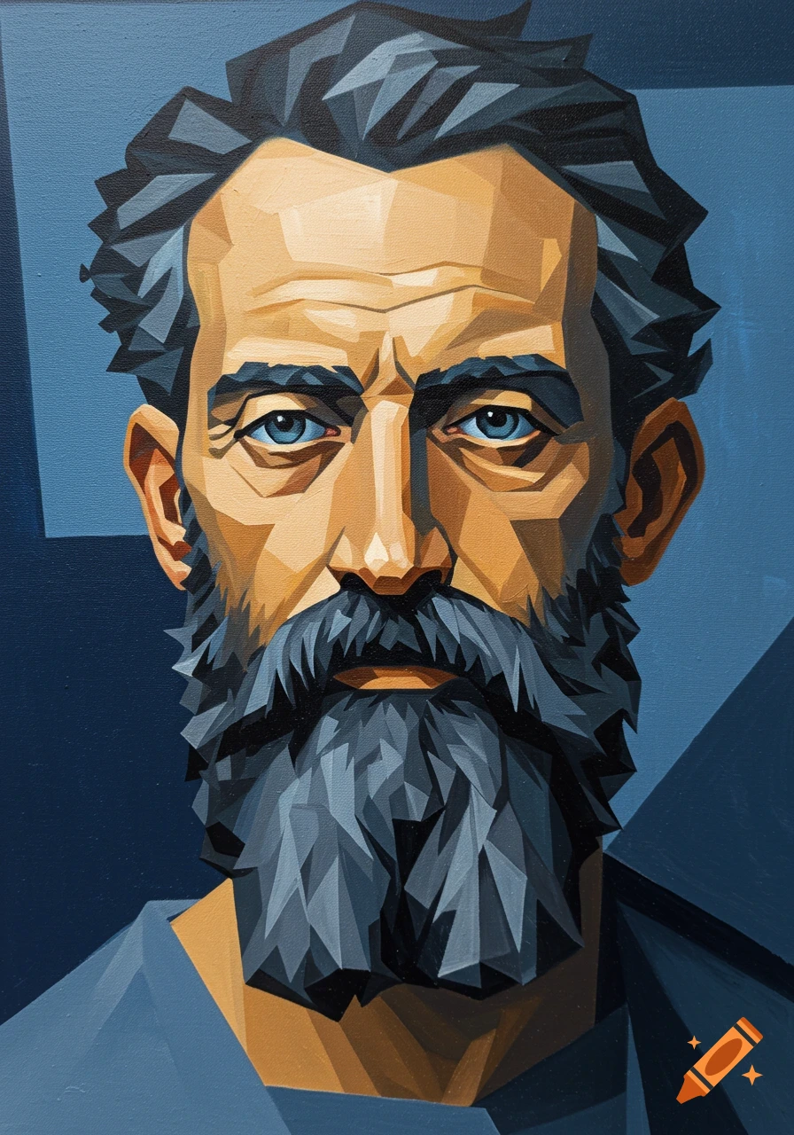 A minimalist cubist portrait of a bearded man with blue eyes, composed of sharp geometric shapes in blue, gray, and brown tones.