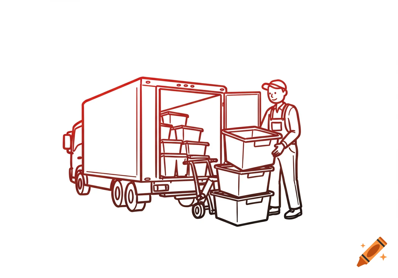 A red and black outline drawing of a man unloading plastic moving tubs from the back of a box truck with a dolly.