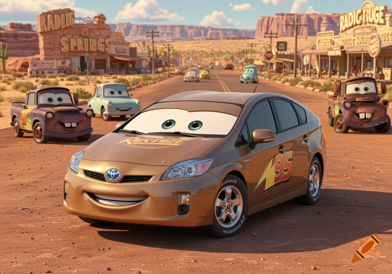 A smiling brown Toyota Prius from the "Cars" movie, with eyes on its windshield, parked on a dirt road in a desert town with other animated cars and buildings in the background.