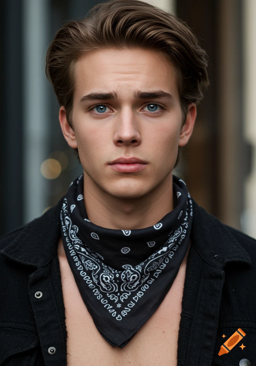 A photorealistic portrait of a young man with blue eyes and brown hair, wearing a black bandana and black jacket, looking slightly nervous.